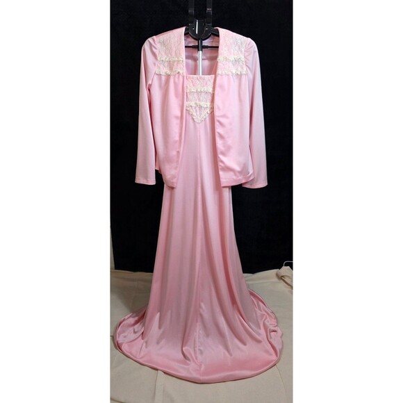 Vintage 1970s Pink Rayon w/ Lace Nightgown & Bed Jacket Set Vintage Sleepwear - Picture 1 of 10